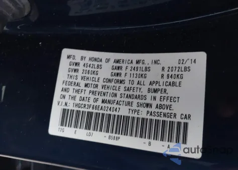 2014 Honda Accord Ex-L V-6 z USA, uszkodzony, nr VIN 1HGCR3F86EA024047